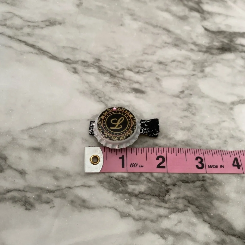 Handmade Vintage Girls Bottle Cap Hair Clip “L” Gold, Black & Pink